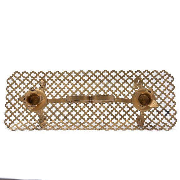 Vintage Brass Tone Quatrefoil Candle Holder Tray Hollywood Regency 15” - Picture 2 of 10